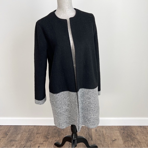 Tahari Wool Cardigan Jacket Colorblock Duster Jacket Black Grey Stripe Medium - Picture 3 of 16